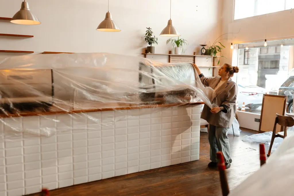 Commercial renovation in progress with protective plastic covering fixtures during interior construction work