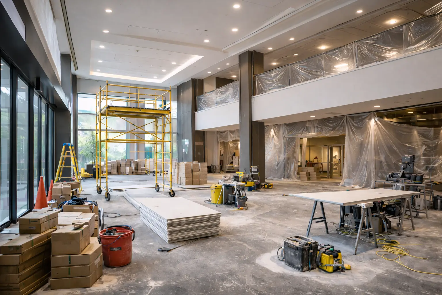 Active commercial construction site showing renovation work in progress